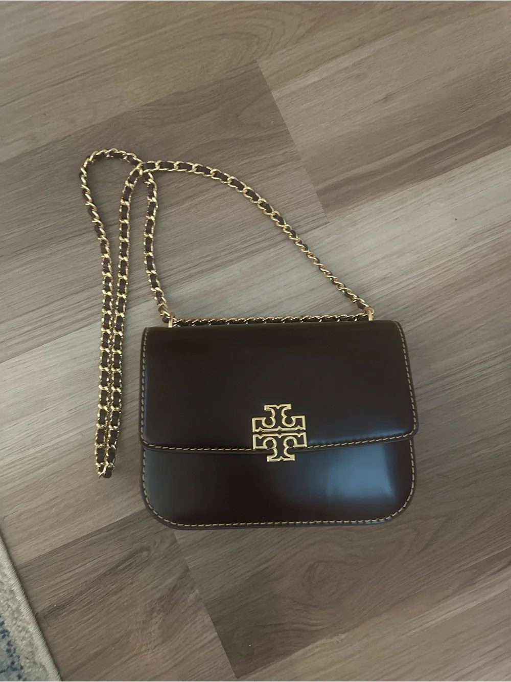 Tory Burch Dark Brown Leather Crossbody with Gold Chain